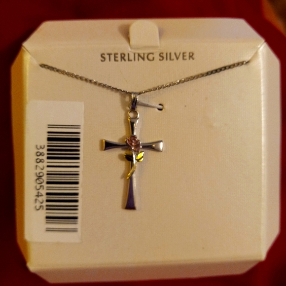 STERLING SILVER CROSS WITH ENAMELED COLORED ROSE NECKLACE - Picture 2 of 9